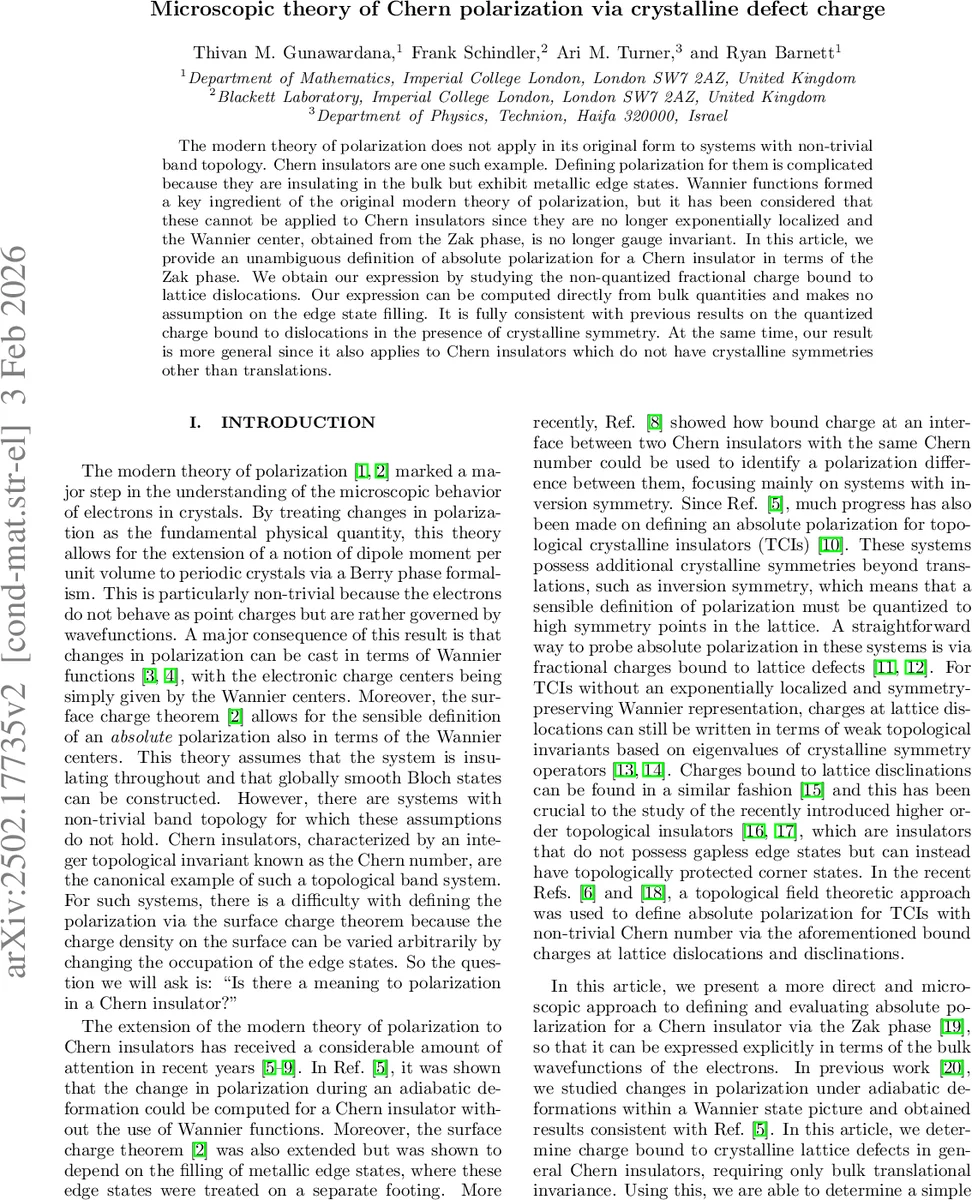 Microscopic theory of Chern polarization via crystalline defect charge