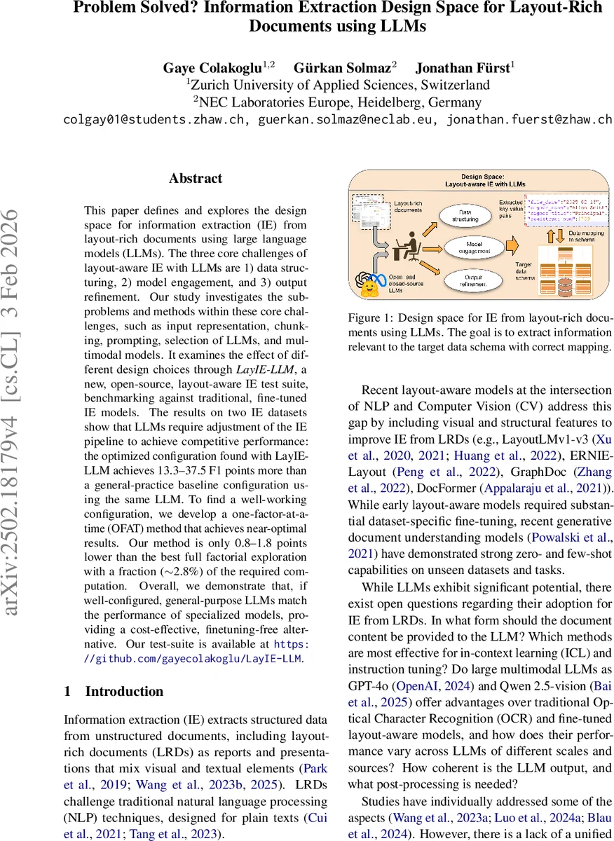 Problem Solved? Information Extraction Design Space for Layout-Rich Documents using LLMs