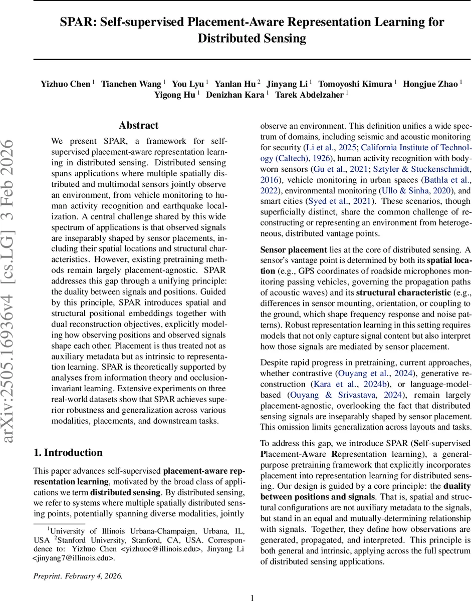 SPAR: Self-supervised Placement-Aware Representation Learning for Distributed Sensing