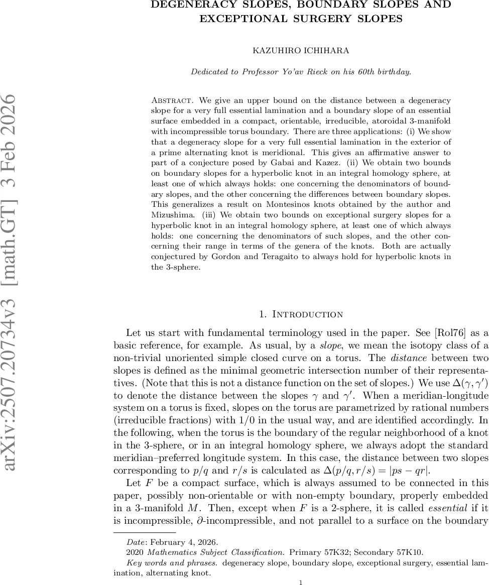 Degeneracy slopes, boundary slopes and exceptional surgery slopes