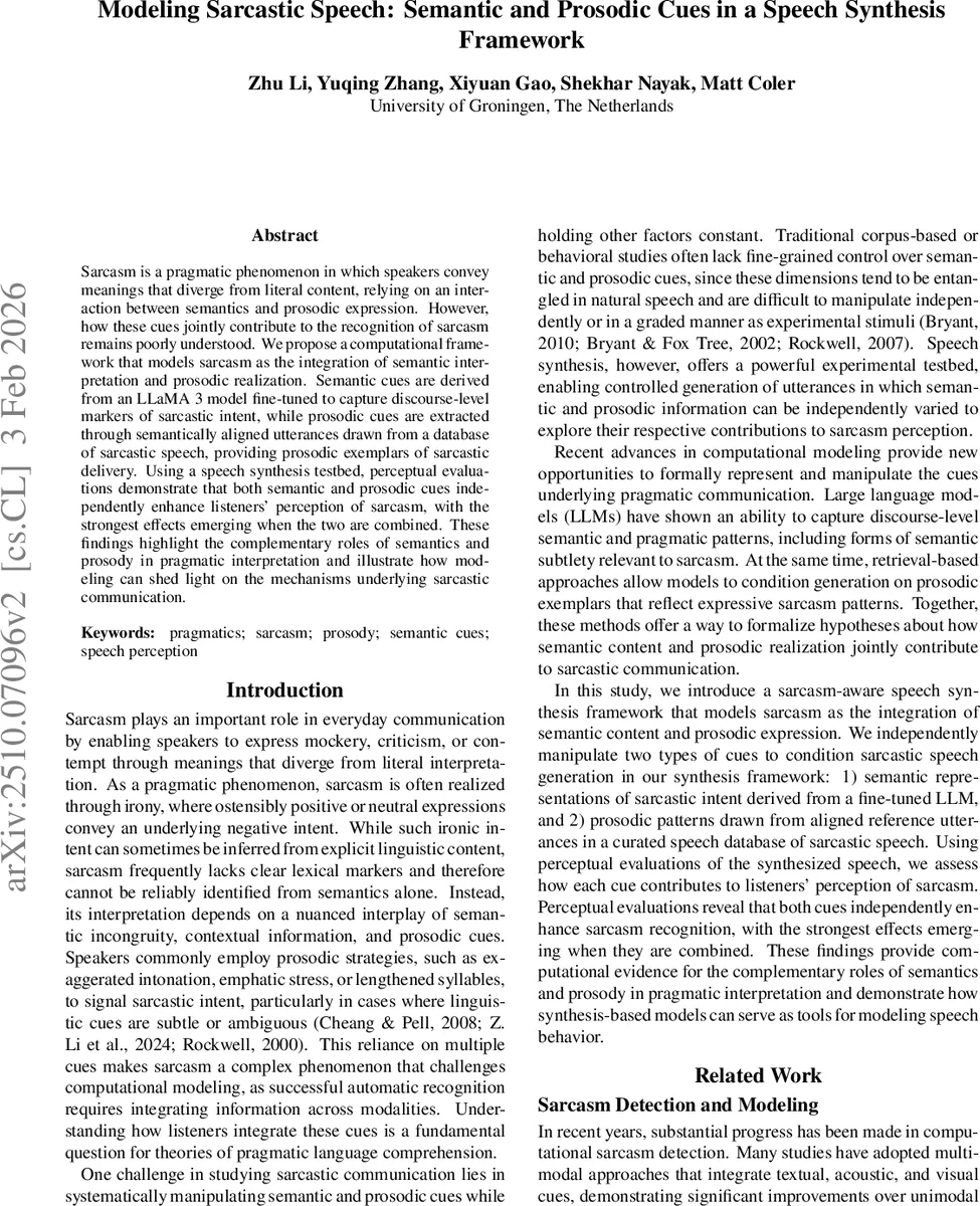 Modeling Sarcastic Speech: Semantic and Prosodic Cues in a Speech Synthesis Framework
