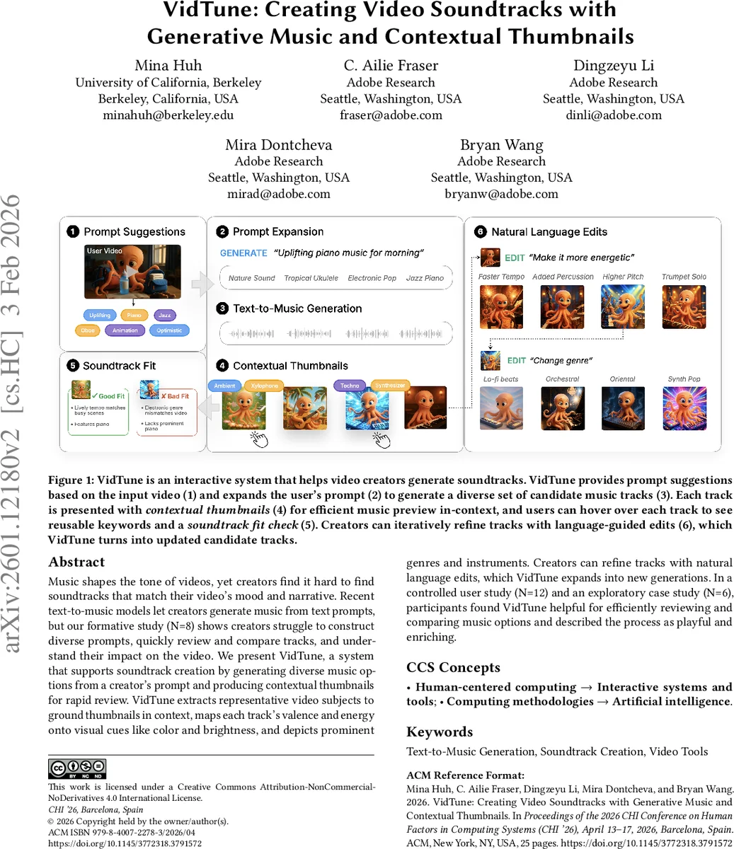 VidTune: Creating Video Soundtracks with Generative Music and Contextual Thumbnails