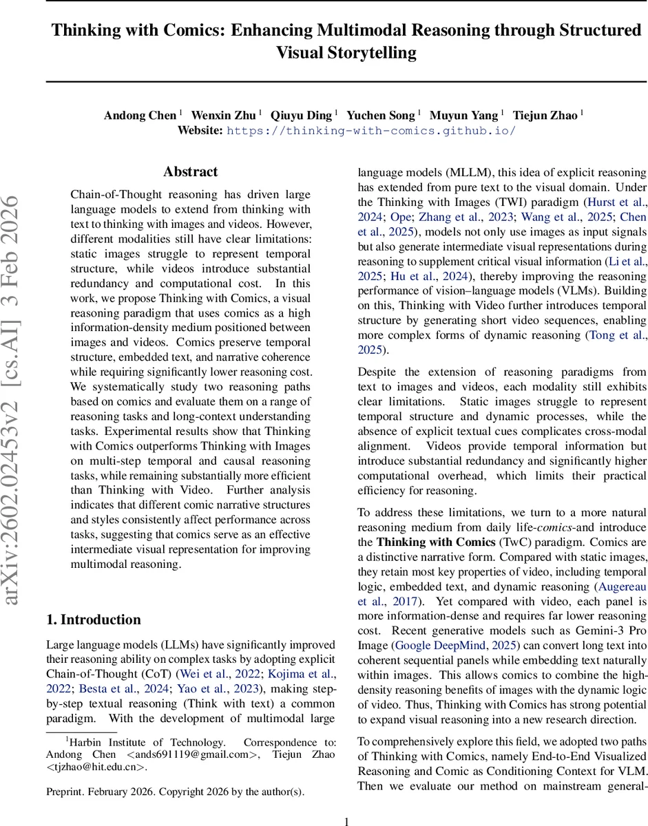 Thinking with Comics: Enhancing Multimodal Reasoning through Structured Visual Storytelling