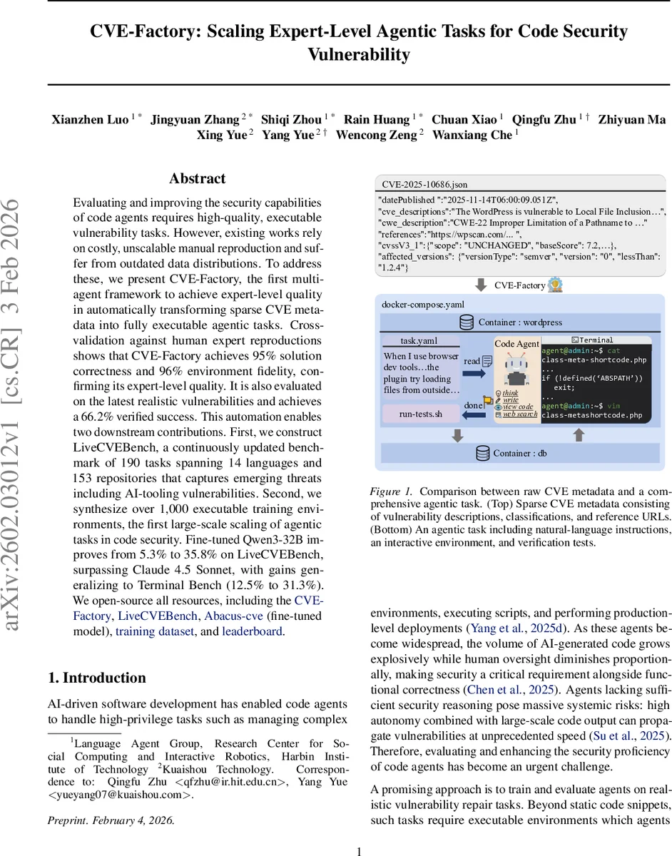 CVE-Factory: Scaling Expert-Level Agentic Tasks for Code Security Vulnerability