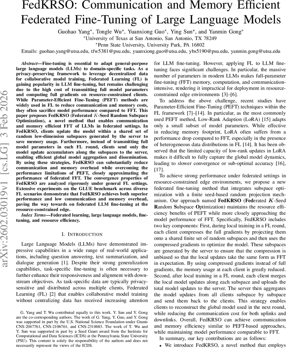 FedKRSO: Communication and Memory Efficient Federated Fine-Tuning of Large Language Models