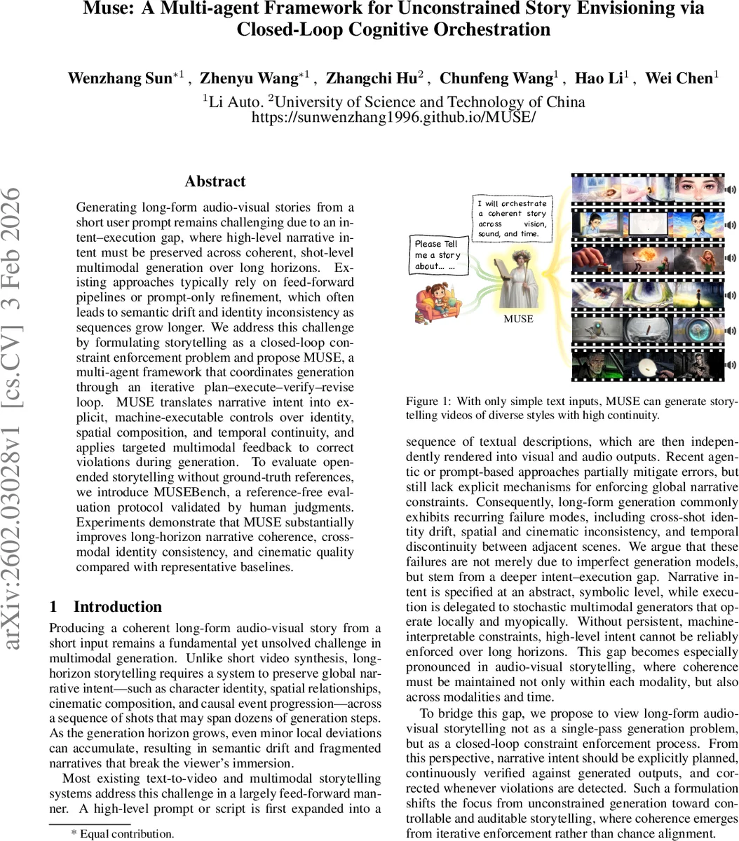 MUSE: A Multi-agent Framework for Unconstrained Story Envisioning via Closed-Loop Cognitive Orchestration