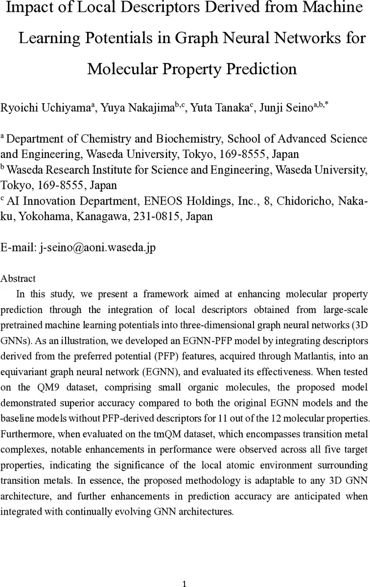 Impact of Local Descriptors Derived from Machine Learning Potentials in Graph Neural Networks for Molecular Property Prediction