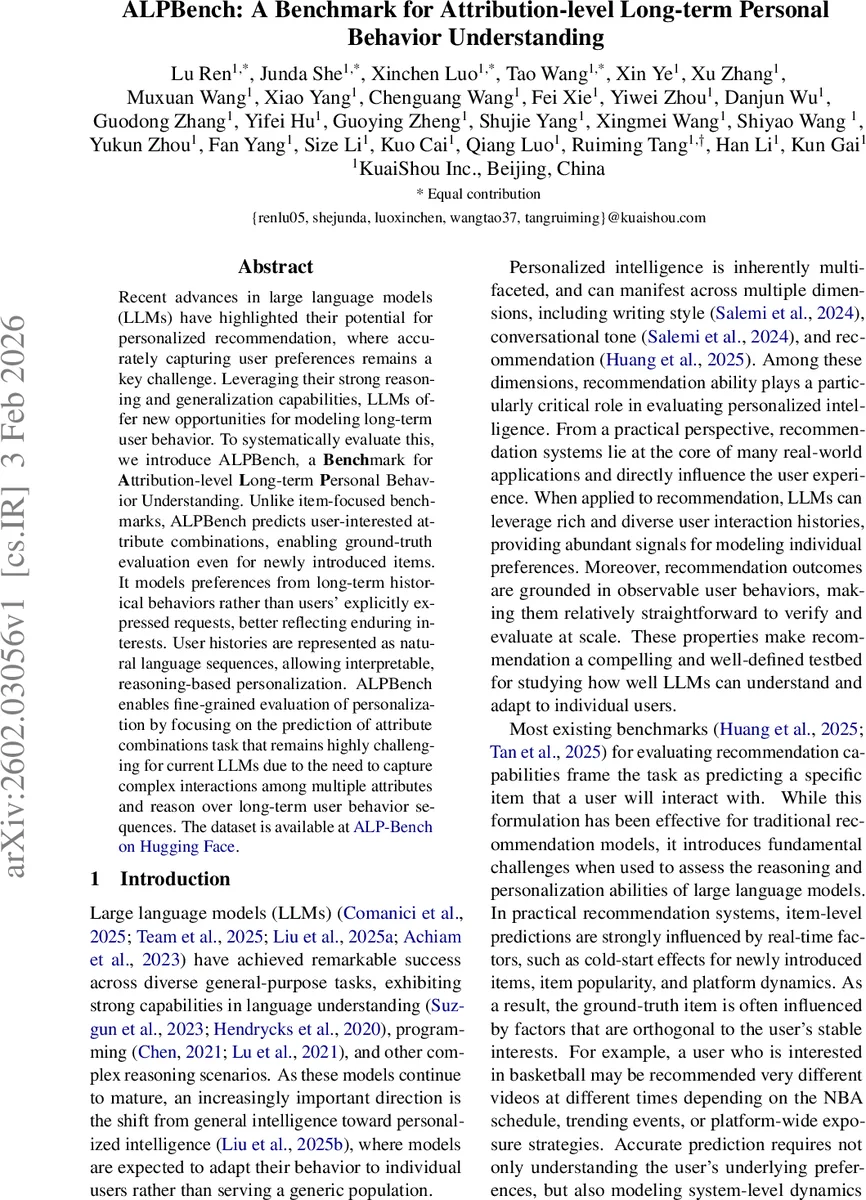 ALPBench: A Benchmark for Attribution-level Long-term Personal Behavior Understanding