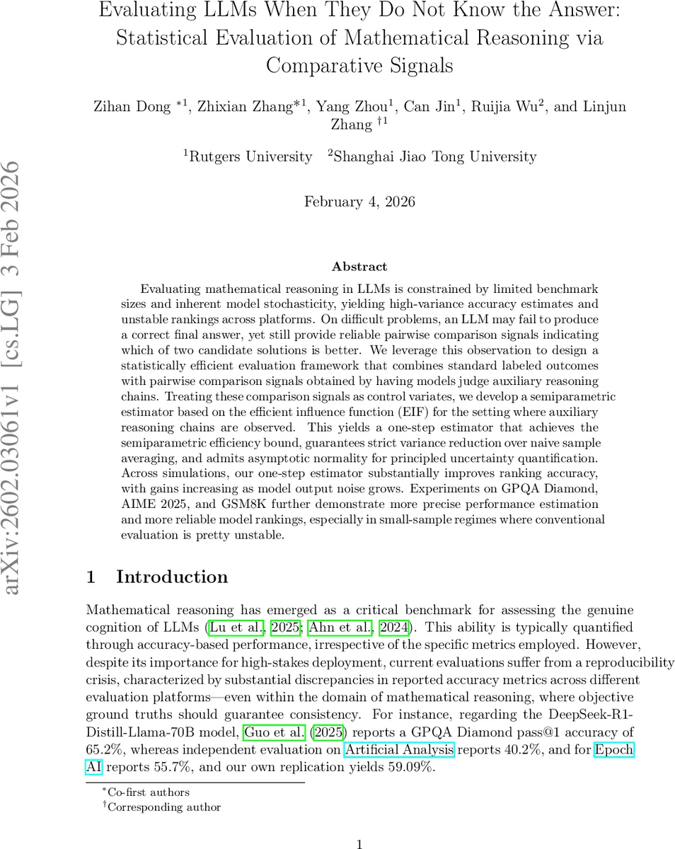 Evaluating LLMs When They Do Not Know the Answer: Statistical Evaluation of Mathematical Reasoning via Comparative Signals
