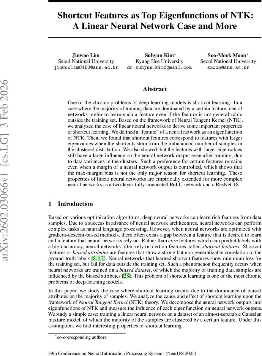 Shortcut Features as Top Eigenfunctions of NTK: A Linear Neural Network Case and More