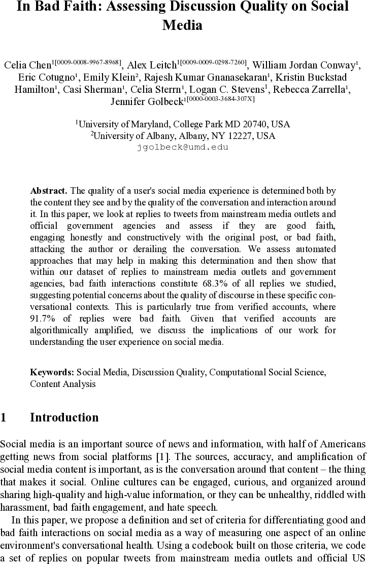 In Bad Faith: Assessing Discussion Quality on Social Media
