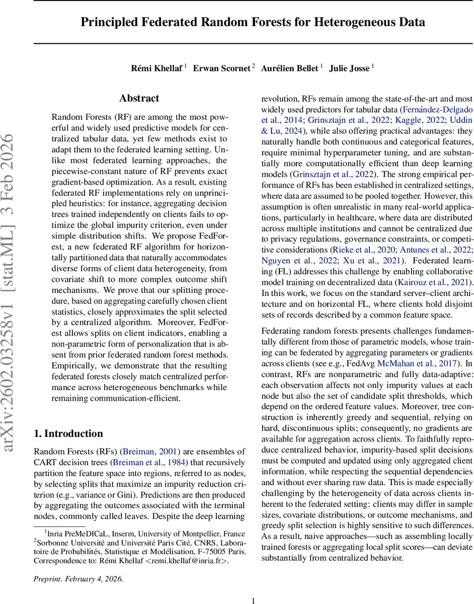 Principled Federated Random Forests for Heterogeneous Data