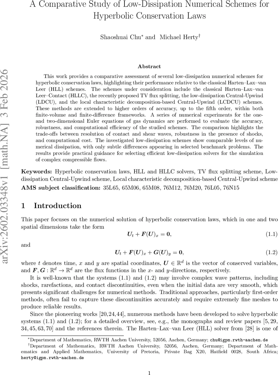 A Comparative Study of Low-Dissipation Numerical Schemes for Hyperbolic Conservation Laws