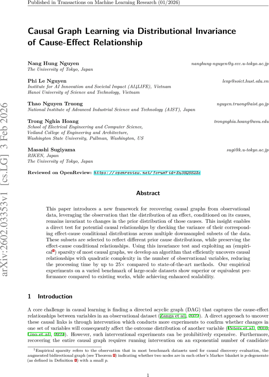 Causal Graph Learning via Distributional Invariance of Cause-Effect Relationship