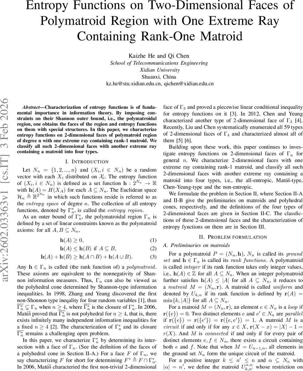 Entropy Functions on Two-Dimensional Faces of Polymatroid Region with One Extreme Ray Containing Rank-One Matroid