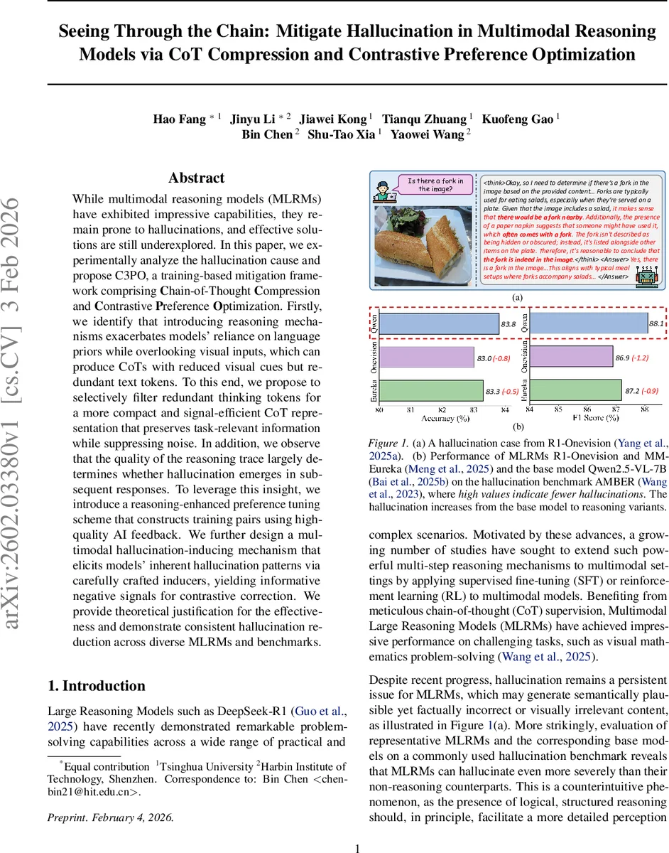 Seeing Through the Chain: Mitigate Hallucination in Multimodal Reasoning Models via CoT Compression and Contrastive Preference Optimization