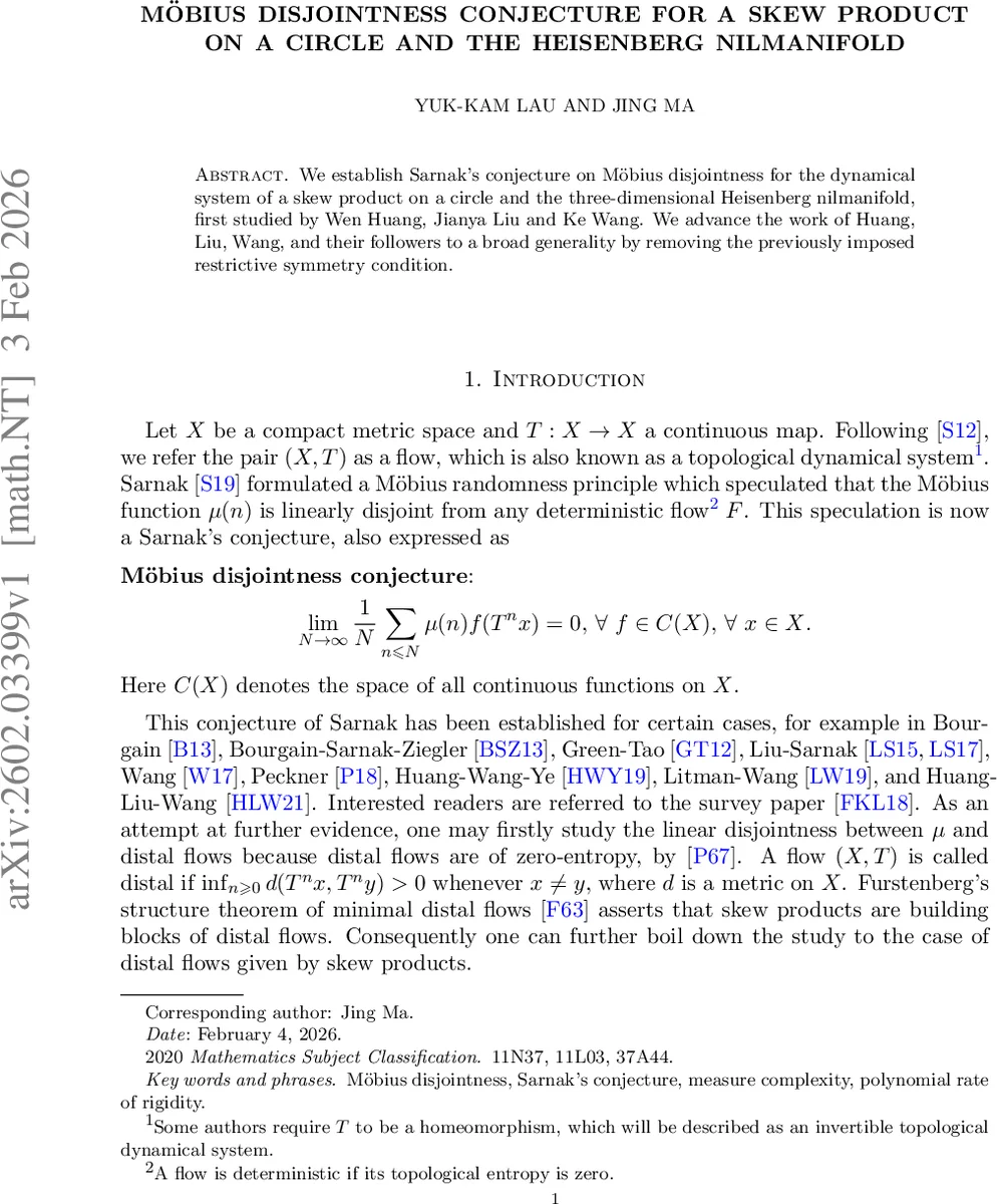 Möbius Disjointness Conjecture for a skew product on a circle and the Heisenberg nilmanifold
