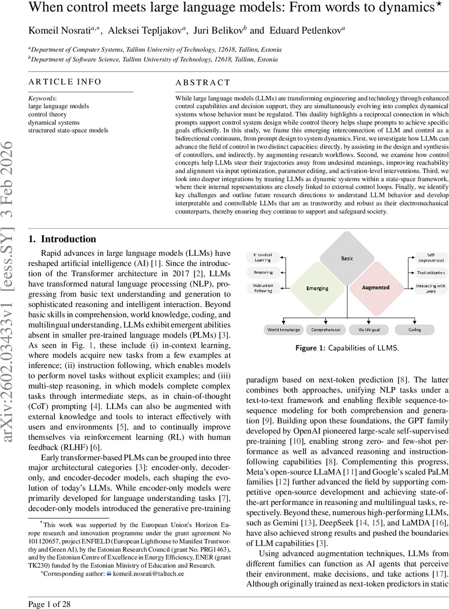 When control meets large language models: From words to dynamics