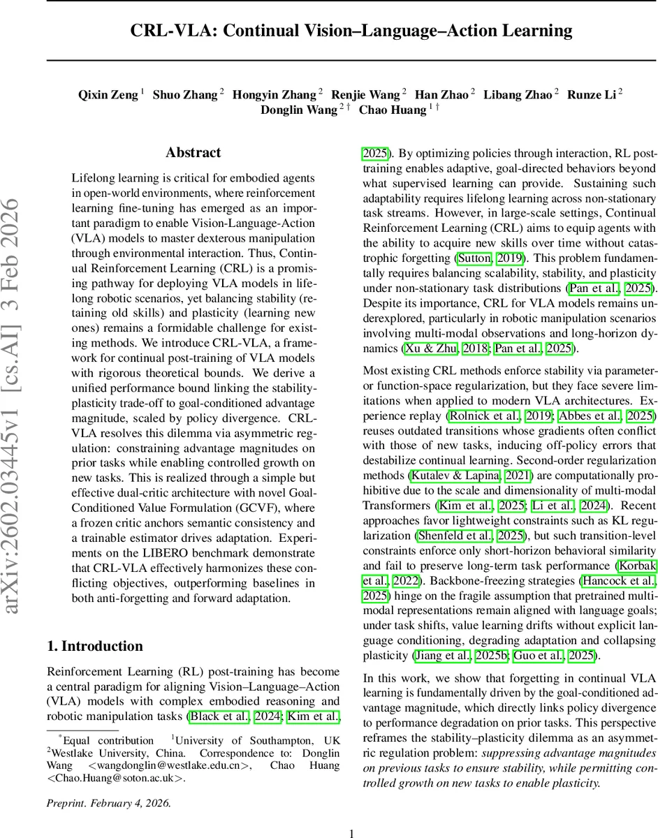 CRL-VLA: Continual Vision-Language-Action Learning