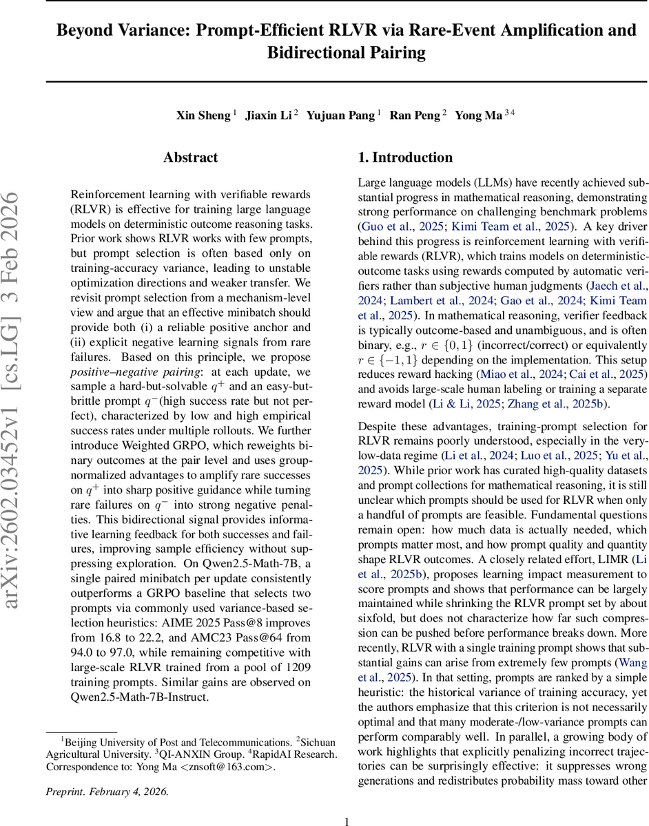 Beyond Variance: Prompt-Efficient RLVR via Rare-Event Amplification and Bidirectional Pairing