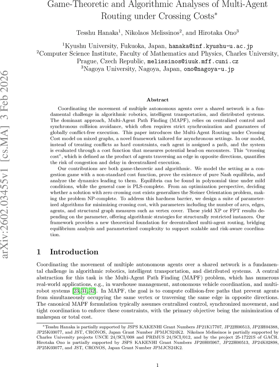 Game-Theoretic and Algorithmic Analyses of Multi-Agent Routing under Crossing Costs
