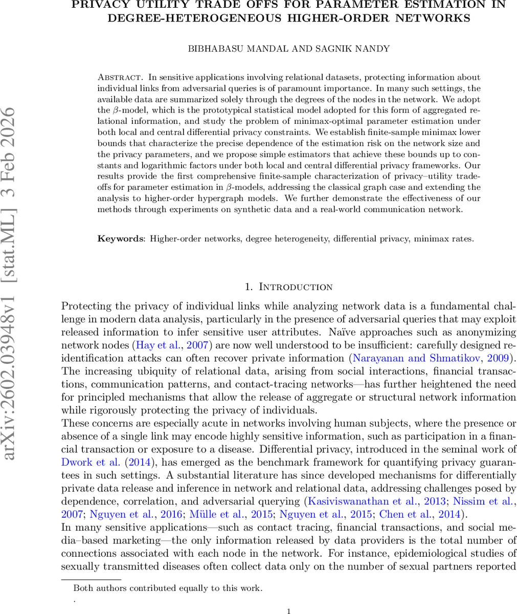 Privacy utility trade offs for parameter estimation in degree heterogeneous higher order networks