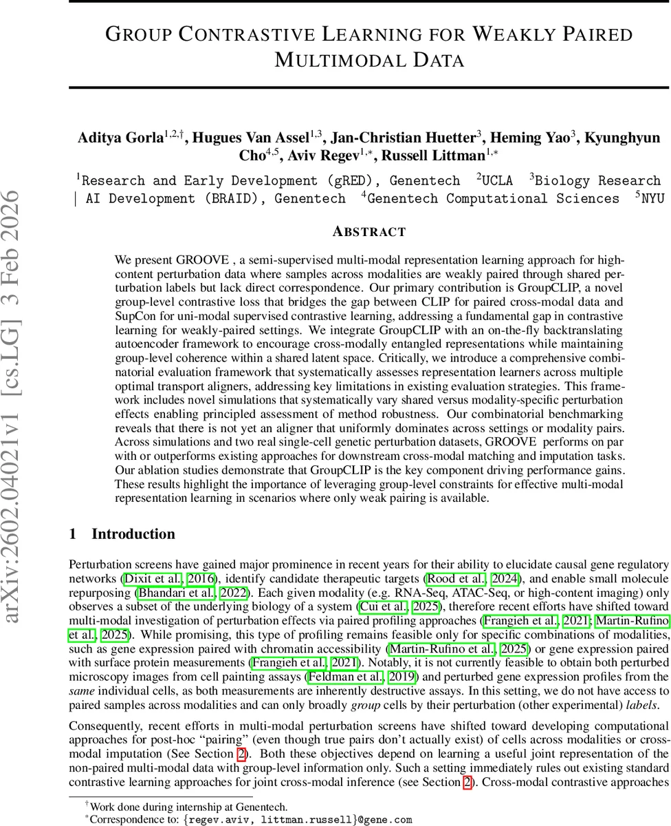 Group Contrastive Learning for Weakly Paired Multimodal Data