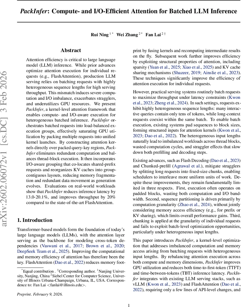 PackInfer: Compute- and I/O-Efficient Attention for Batched LLM Inference