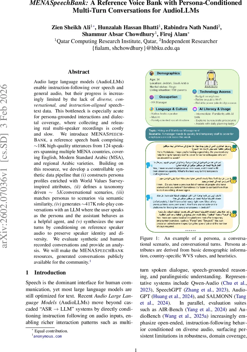 MENASpeechBank: A Reference Voice Bank with Persona-Conditioned Multi-Turn Conversations for AudioLLMs