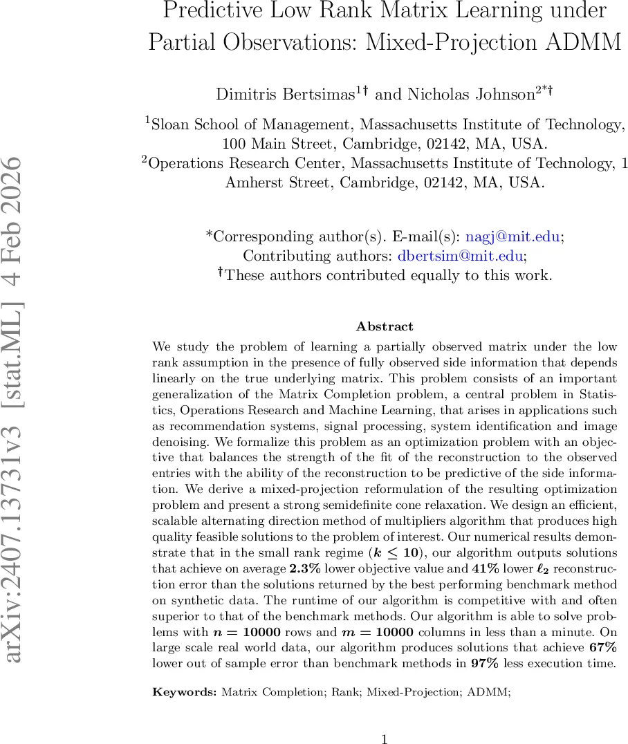 Predictive Low Rank Matrix Learning under Partial Observations: Mixed-Projection ADMM