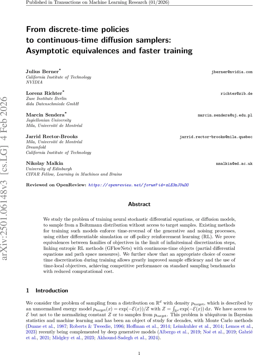 From discrete-time policies to continuous-time diffusion samplers: Asymptotic equivalences and faster training