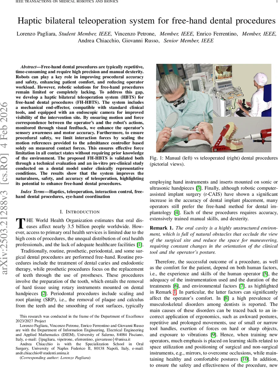 Haptic bilateral teleoperation system for free-hand dental procedures
