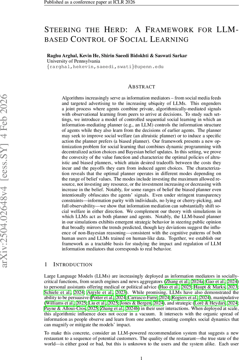 Steering the Herd: A Framework for LLM-based Control of Social Learning