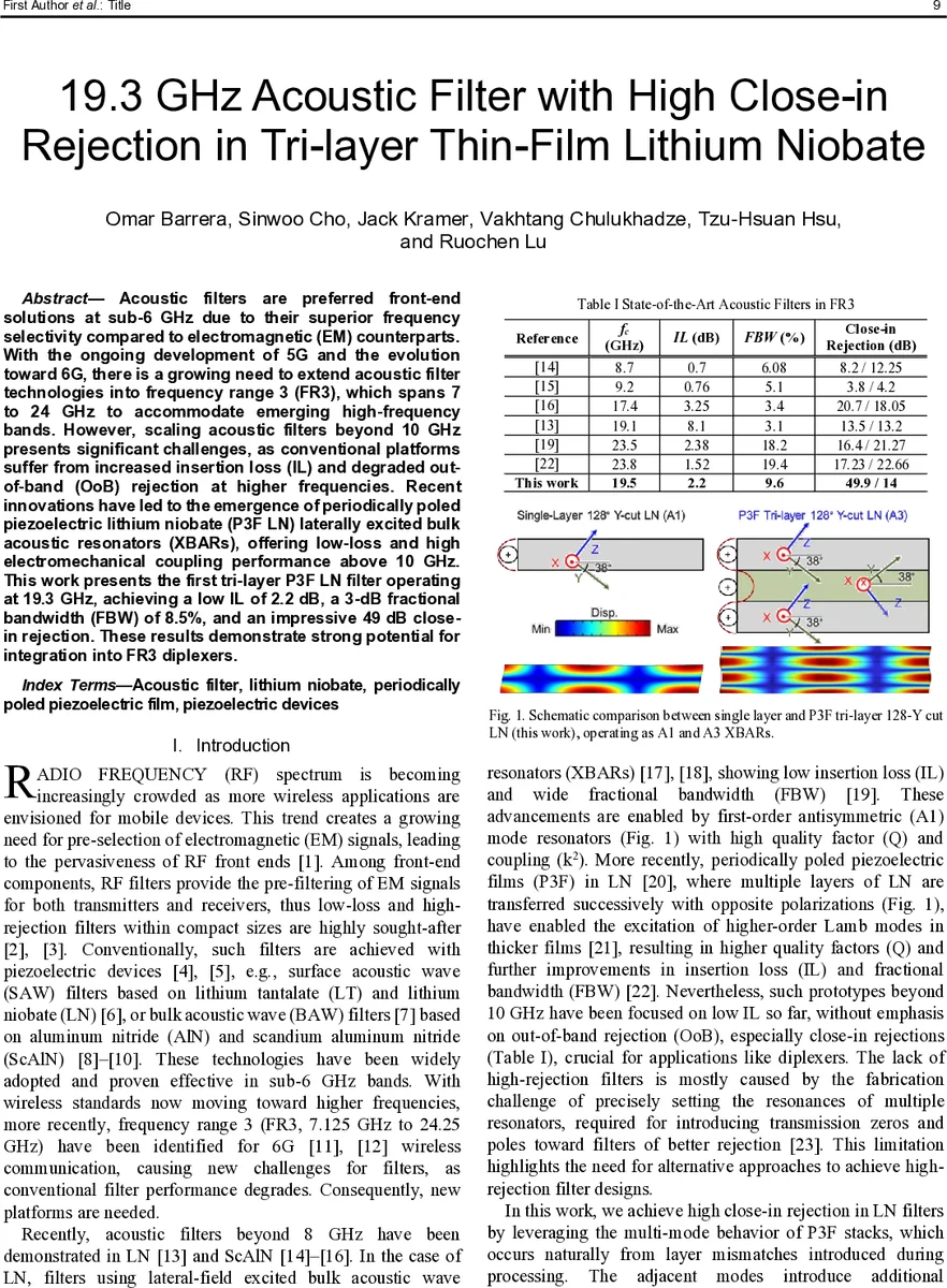 19.3 GHz Acoustic Filter with High Close-in Rejection in Tri-layer Thin-Film Lithium Niobate