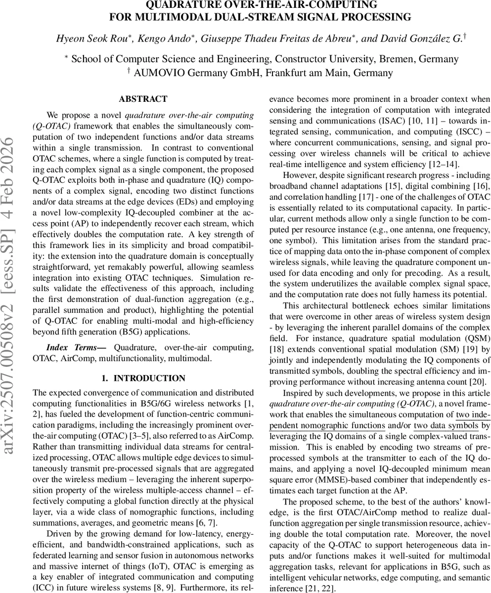 Quadrature Over-the-Air-Computing for Multimodal Dual-Stream Signal Processing