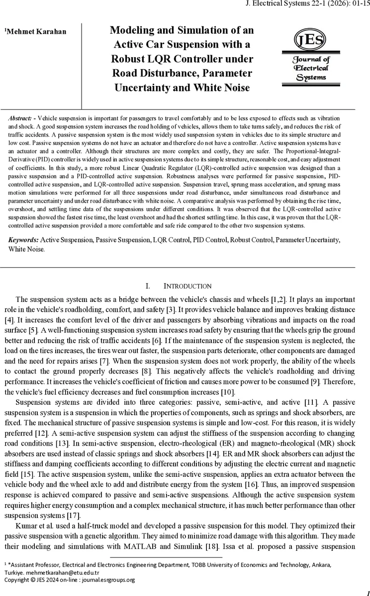 Modeling and Simulation of an Active Car Suspension with a Robust LQR Controller under Road Disturbance, Parameter Uncertainty and White Noise