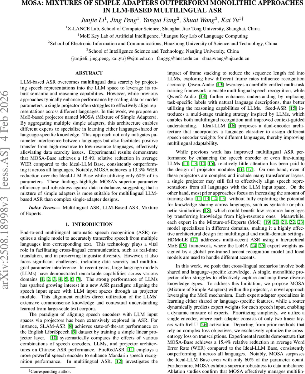 MOSA: Mixtures of Simple Adapters Outperform Monolithic Approaches in LLM-based Multilingual ASR