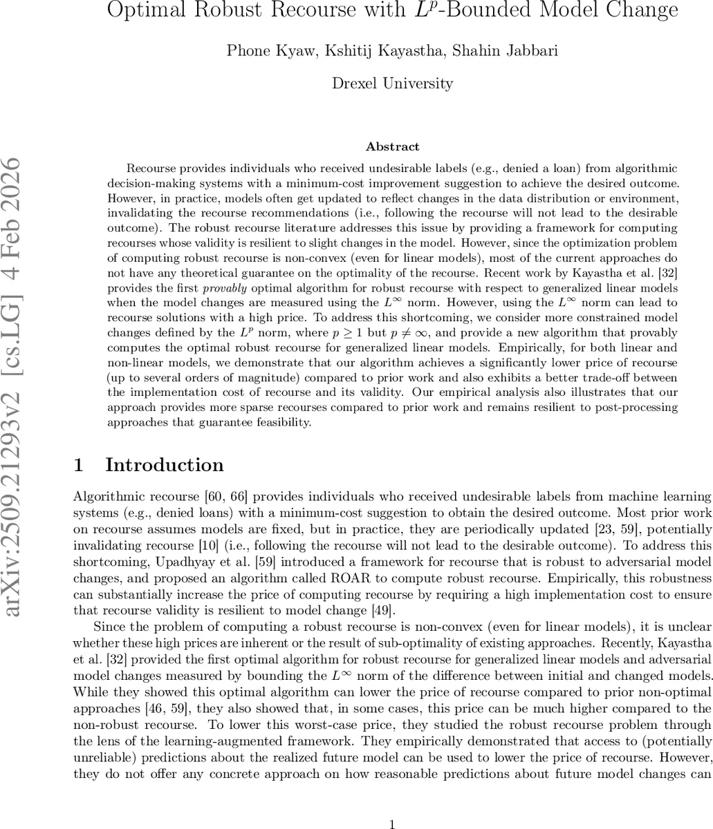 Optimal Robust Recourse with $L^p$-Bounded Model Change