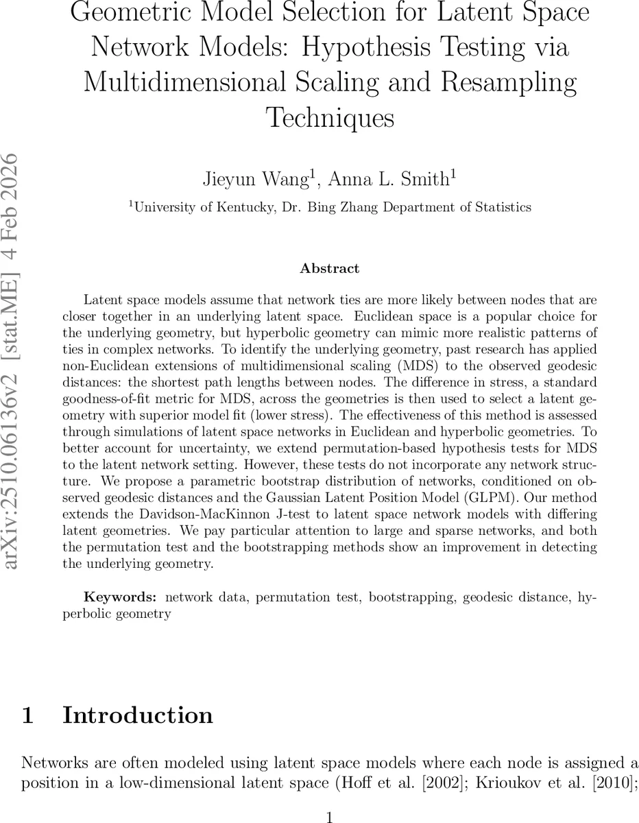 Geometric Model Selection for Latent Space Network Models: Hypothesis Testing via Multidimensional Scaling and Resampling Techniques