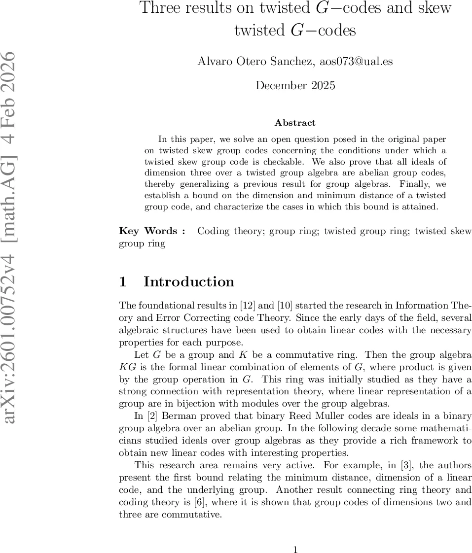 Three results on twisted $G-$codes and skew twisted $G-$codes