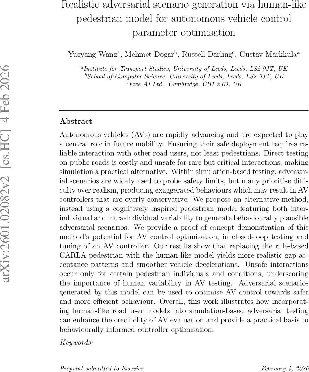Realistic adversarial scenario generation via human-like pedestrian model for autonomous vehicle control parameter optimisation
