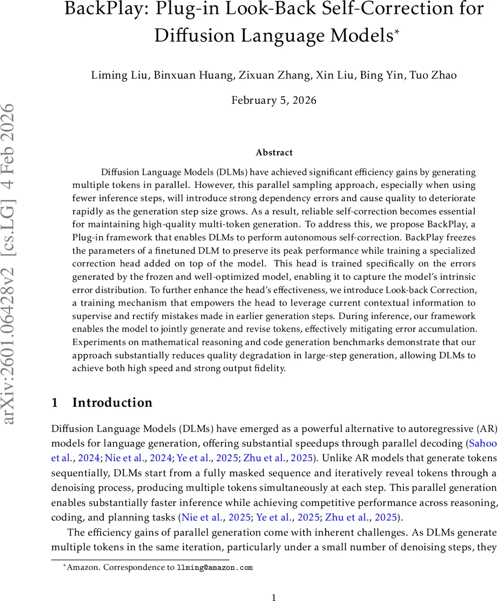 BackPlay: Plug-in Look-Back Self-Correction for Diffusion Language Models