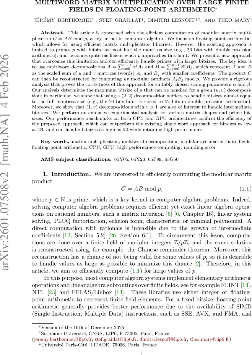 Multiword matrix multiplication over large finite fields in floating-point arithmetic