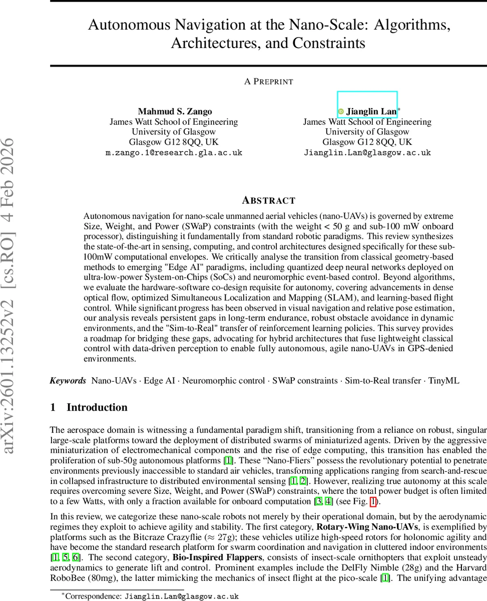 Autonomous Navigation at the Nano-Scale: Algorithms, Architectures, and Constraints