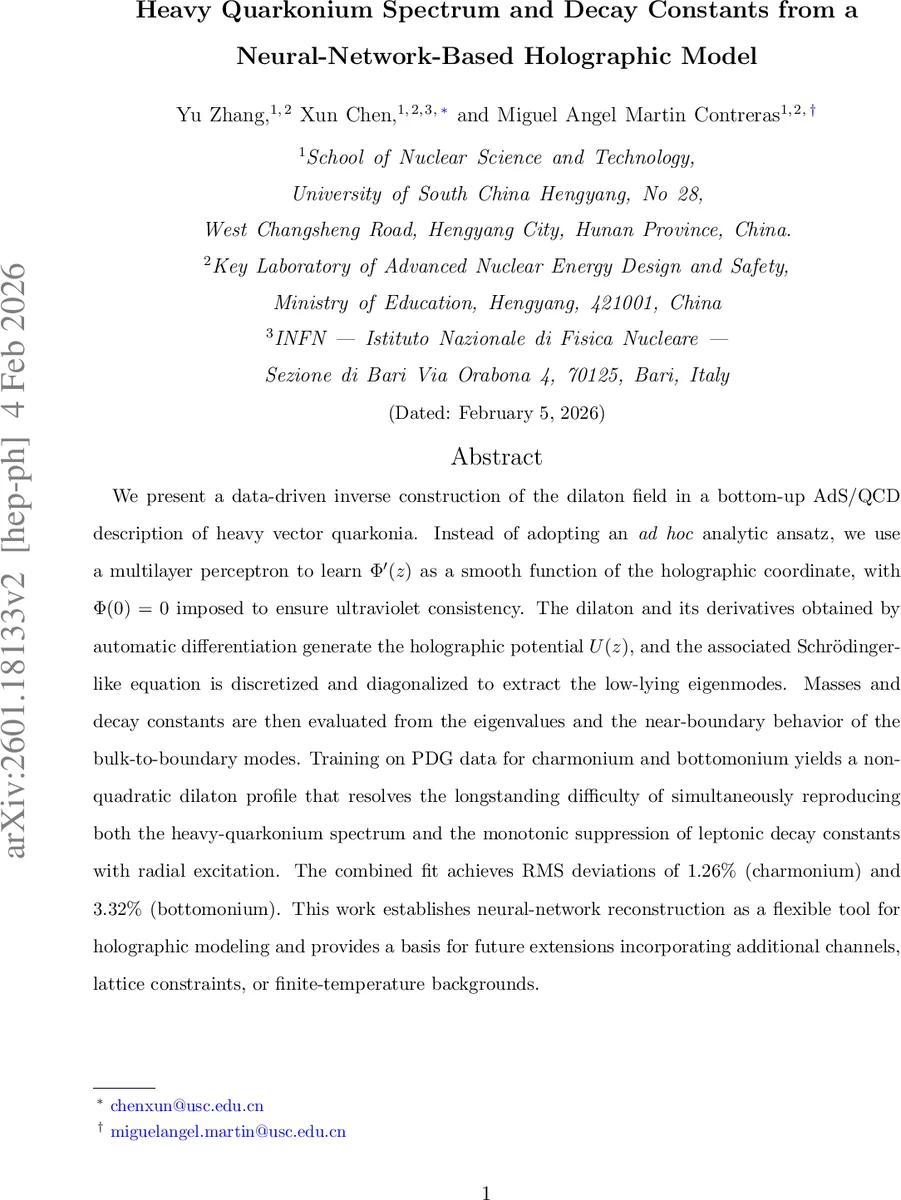 Heavy Quarkonium Spectrum and Decay Constants from a Neural-Network-Based Holographic Model