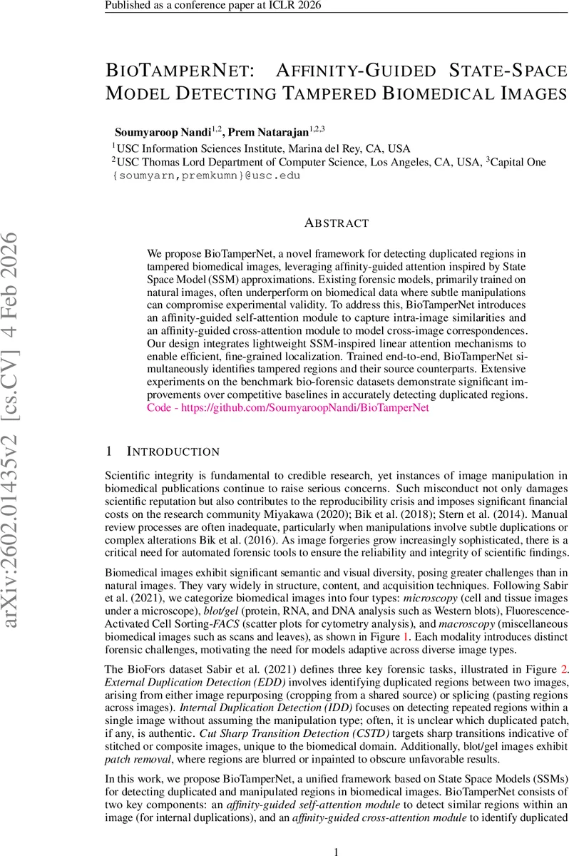 BioTamperNet: Affinity-Guided State-Space Model Detecting Tampered Biomedical Images