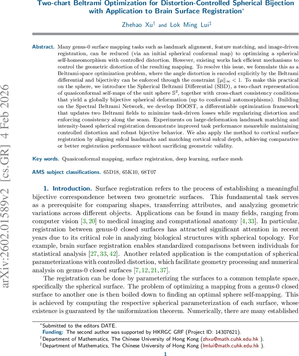 Two-chart Beltrami Optimization for Distortion-Controlled Spherical Bijection with Application to Brain Surface Registration