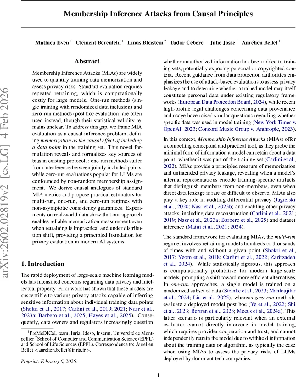 Membership Inference Attacks from Causal Principles