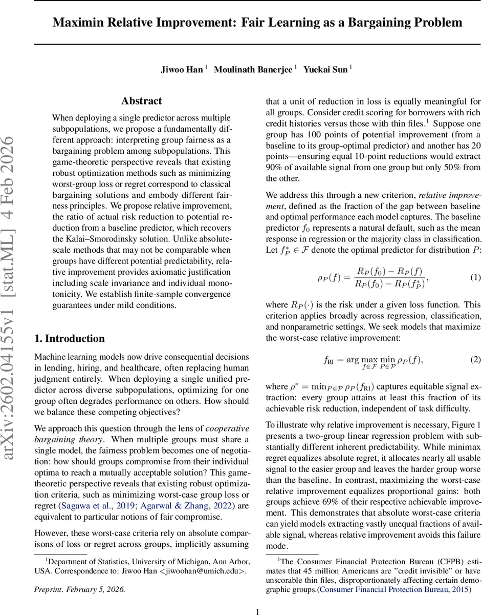 Maximin Relative Improvement: Fair Learning as a Bargaining Problem