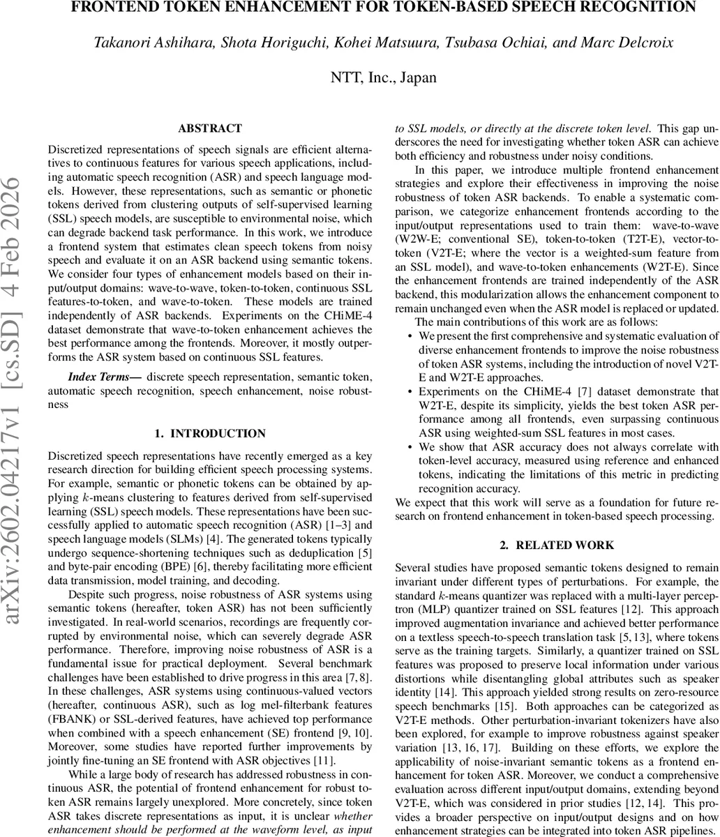 Frontend Token Enhancement for Token-Based Speech Recognition
